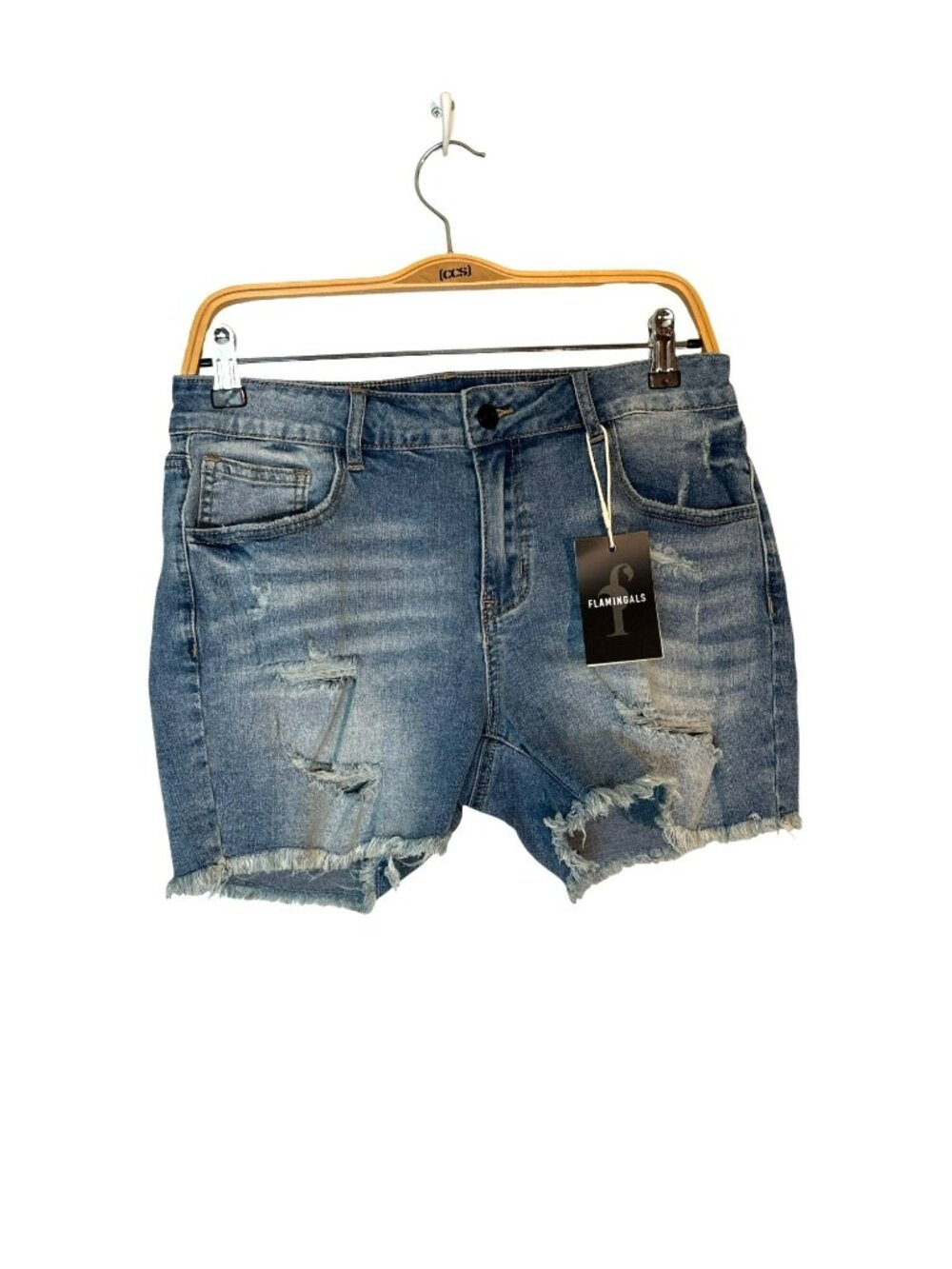 NWT Flamingals Distressed Denim Shorts With Frayed Hem Light Wash Size L